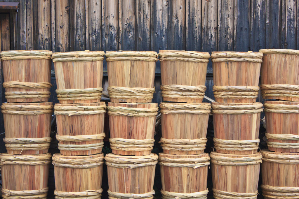 Traditional wooden sake barrels